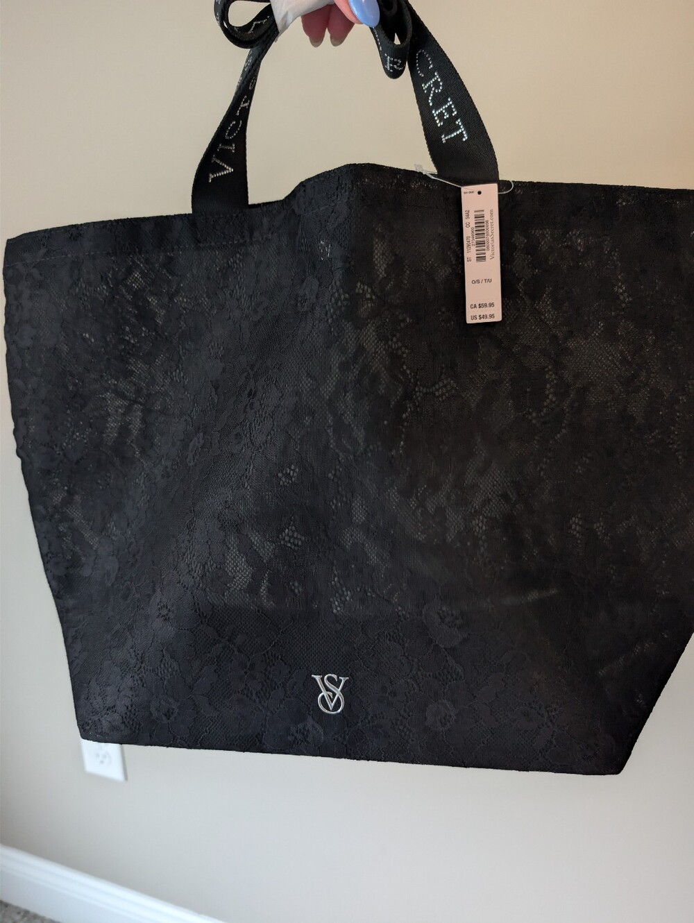 Victoria's Secret Black Lace-Texture Tote with Silver VS Logo